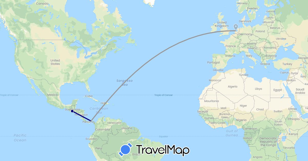 TravelMap itinerary: driving, plane in Guatemala, Netherlands, Panama (Europe, North America)